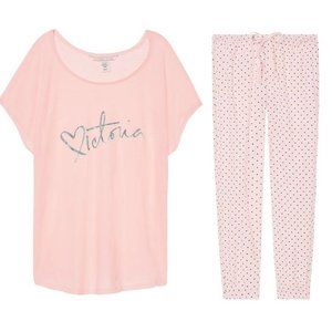 NEW Victoria's Secret 2pc Light Pink Polka Dot Pajama Set Tee & Flannel Jogger